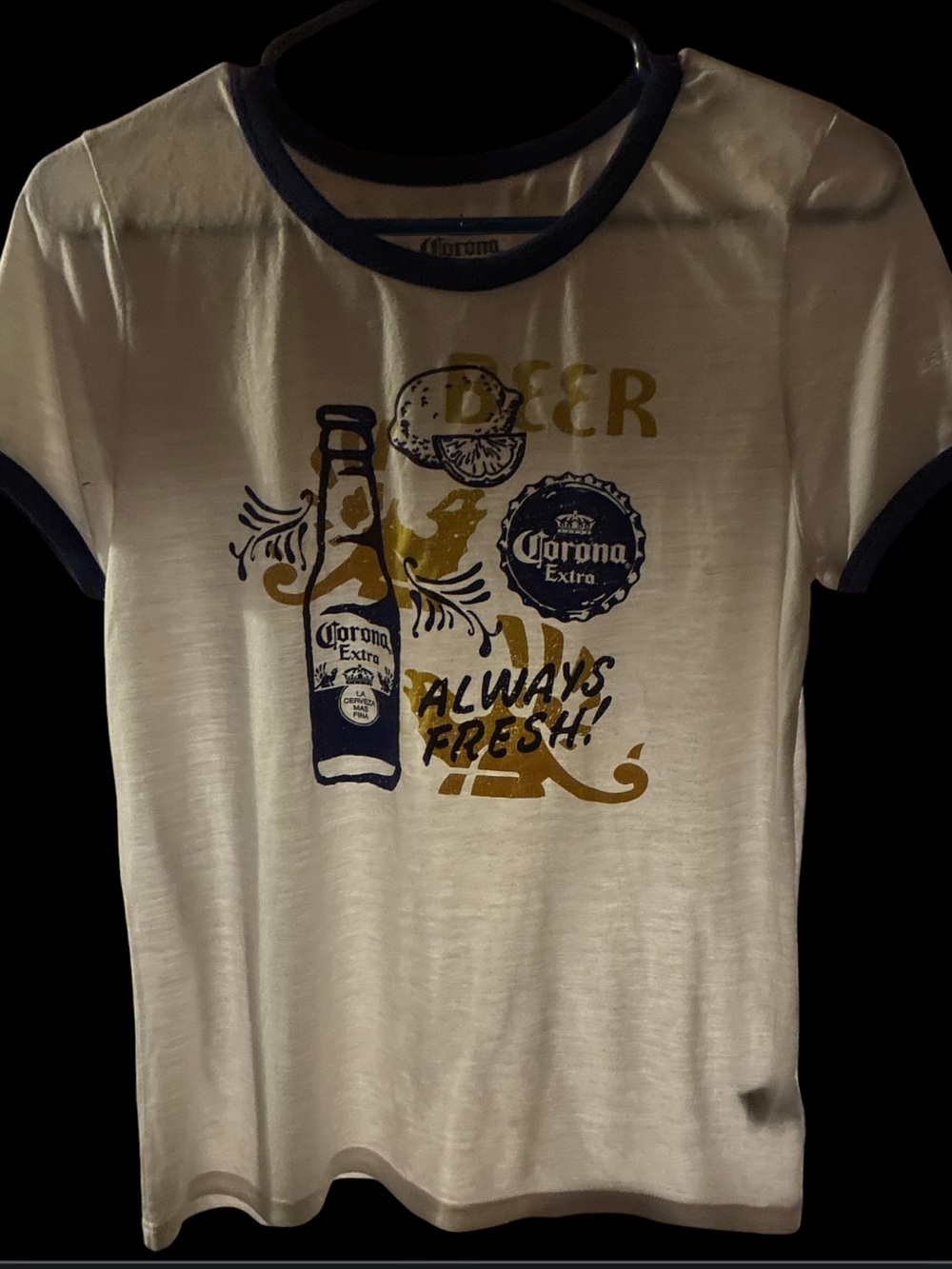 Women's Corona Extra "Always Fresh" Graphic Ringer Tee Size Large
